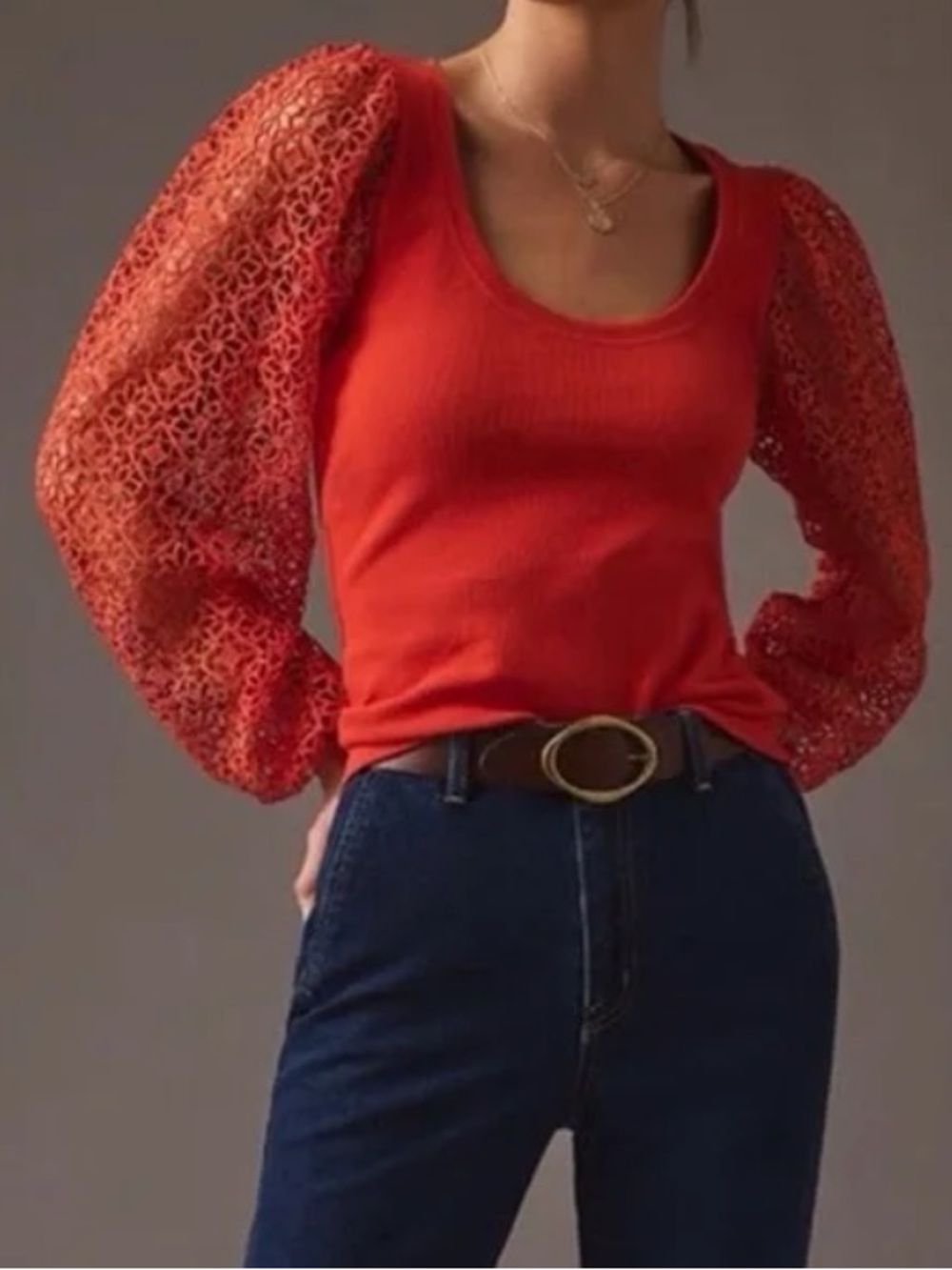 Anthropologie Maeve Ribbed Knit Top Crotchet Balloon Sleeve Large